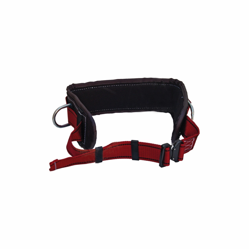 Støttebælte i rødt med sorte polstringer, to D-ringe og justerbare stropper med spænder.