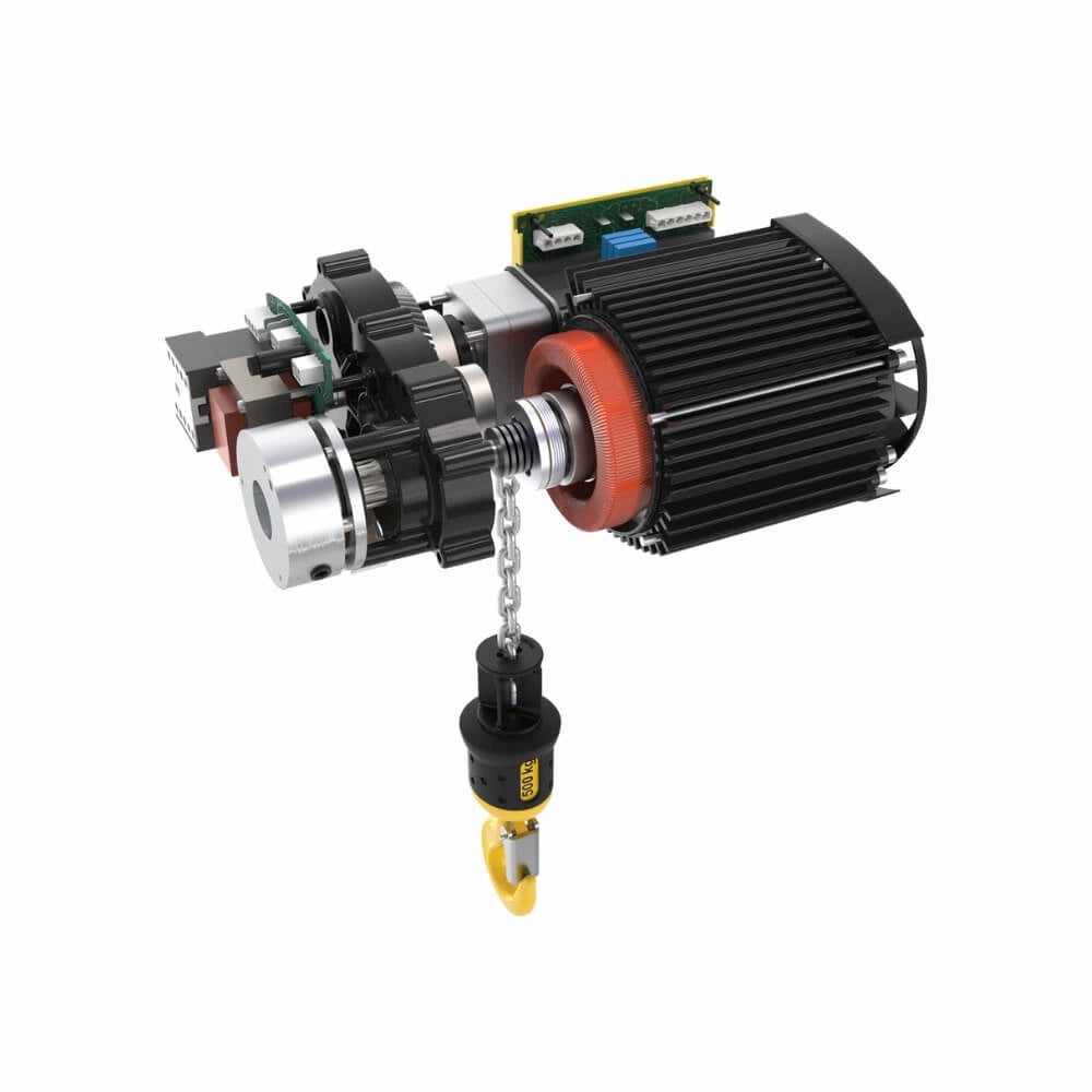 SWF elektrisk talje delvist demonteret, viser gear, motor og gul krog.