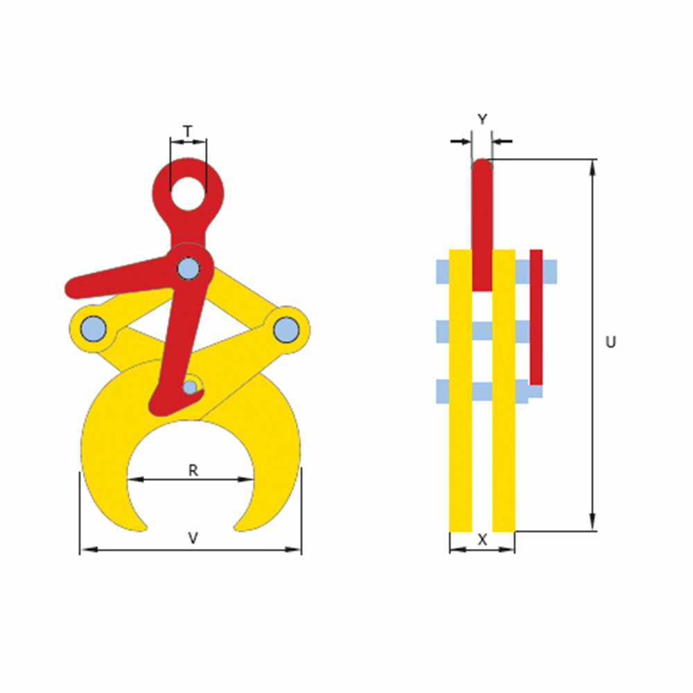 Diagram af Terrier Løfteklo i gul og rød, viser mål T, R, V, X, Y, og U.