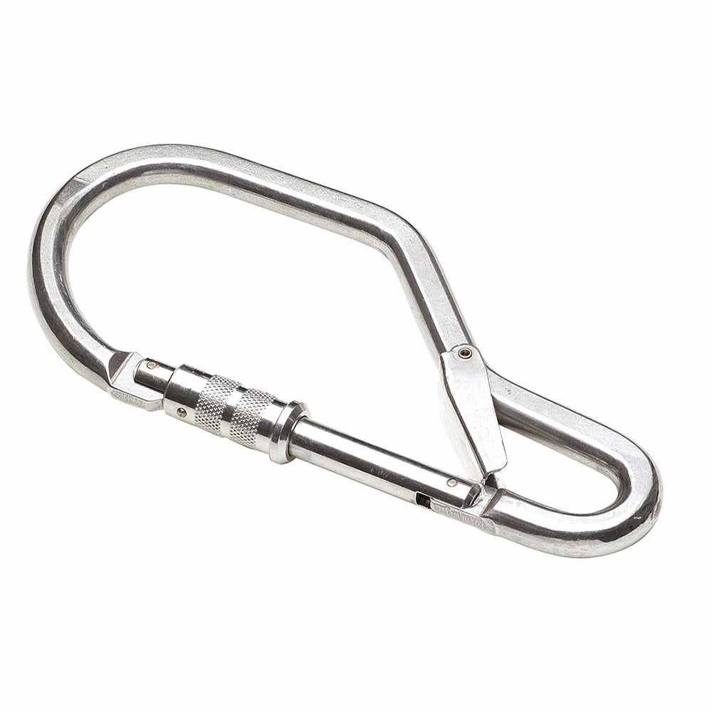 Karabinkrog i metal med skrue-lås og asymmetrisk D-form. Riflede overflade ved åbningen.