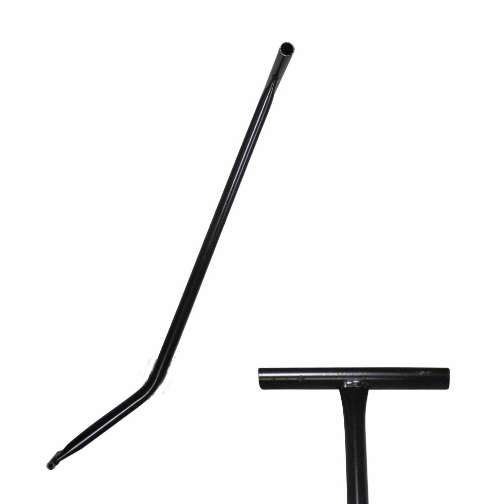 Sort metalhåndtag med T-formet greb, sandsynligvis til en transportvogn.