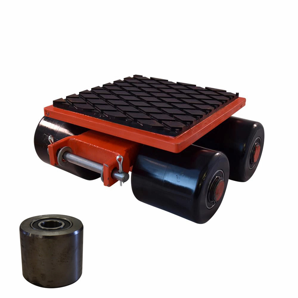 Transportvogn med skridsikker platform og store hjul. Nærbillede af et af hjulene vises.