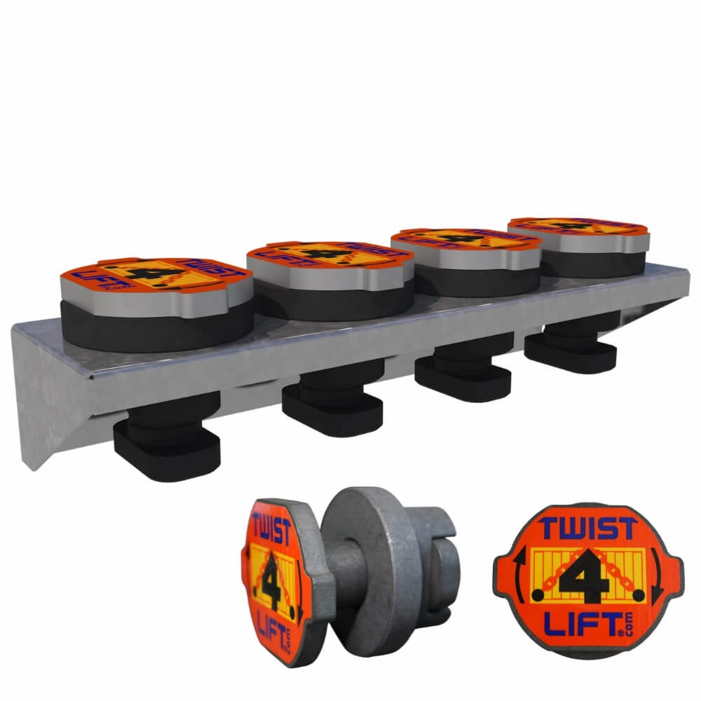 Sæt af fire kroge på metalholder, hver med orange "TWIST 4 LIFT" label, vist fra siden.