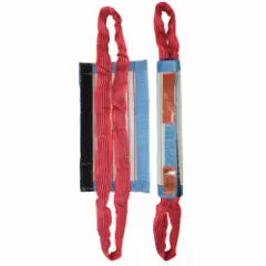 To aflange objekter med røde stropper, blå/sorte sektioner, reflekterende overflade og velcro.