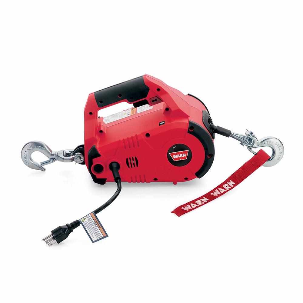 Rød WARN PullzAll hejsespil med sorte detaljer, kroge i enderne og synligt "WARN" logo.