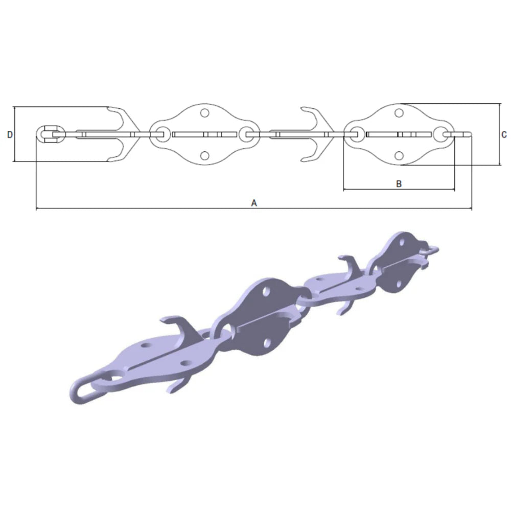 Diagram og 3D-model af 26t Rennie, en kædelignende struktur med mål angivet som A, B, C, D.