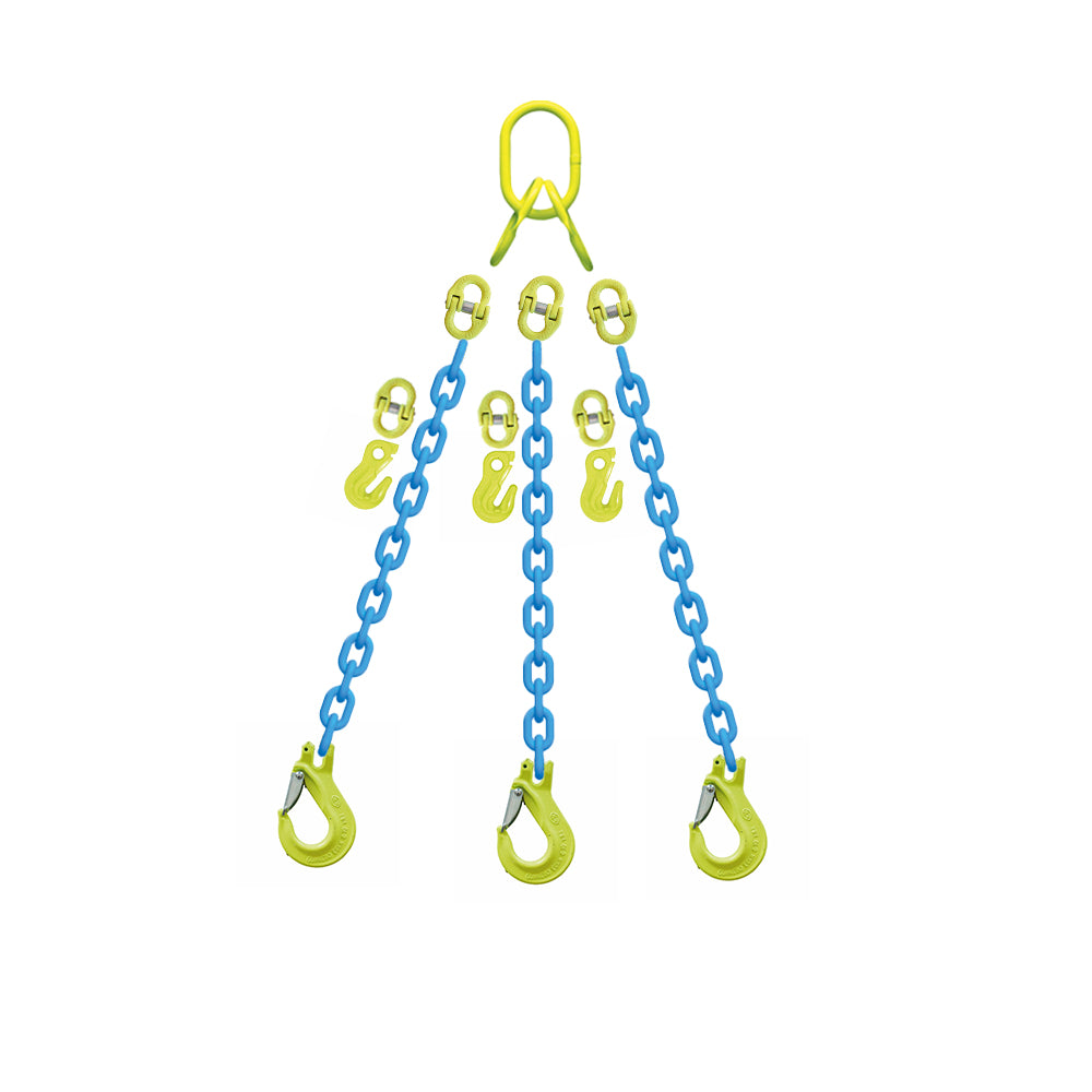 Tre blå kæder med gule kroge, fastgjort til en gul connector. Diagram viser længdemåling.