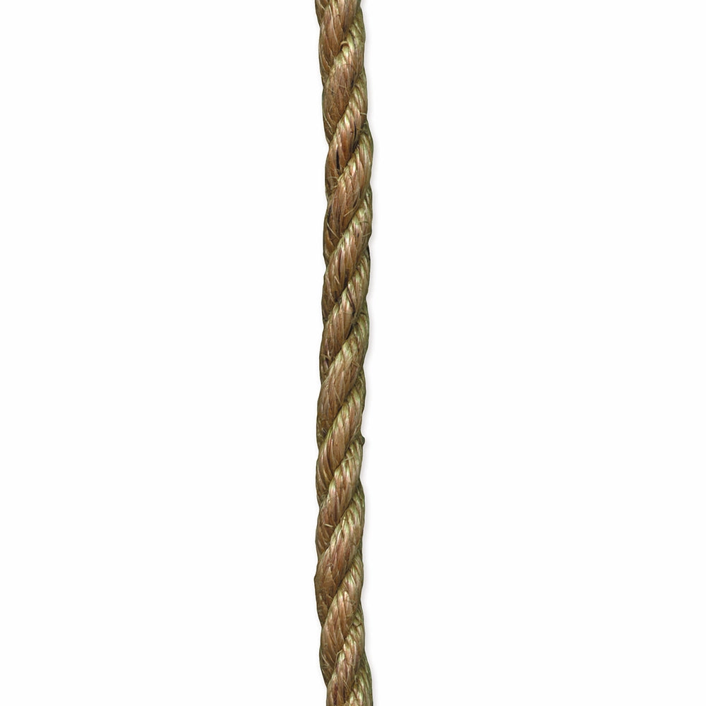 Nærbillede af brunligt tre-slået reb med tydelig fibertekstur og snoet design.