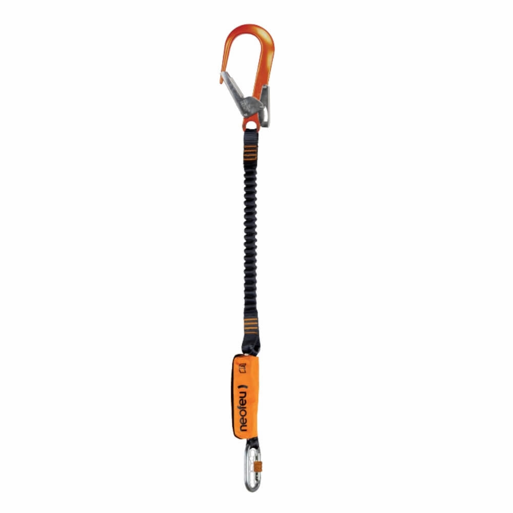 Elastisk faldline, orange/sort, stor krog i den ene ende, karabin i den anden, NeoFeu logo.
