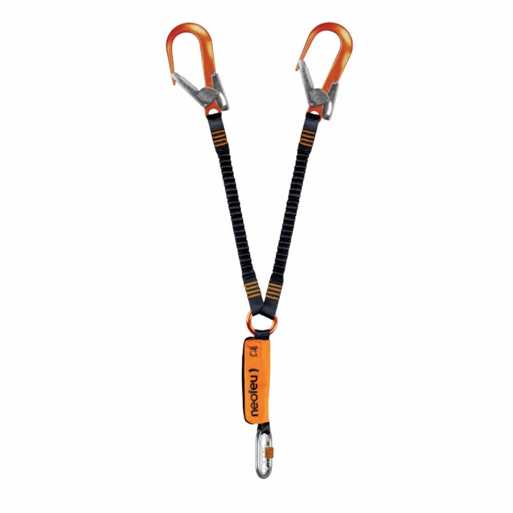 Elastisk dobbelt sikkerhedsline med to metal kroge og orange "NeoFeu" sektion.