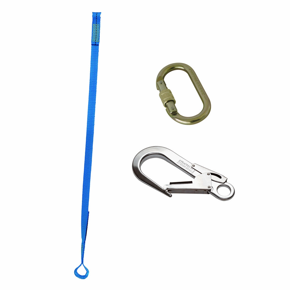 Blå strop med løkke, oval karabin, stor krog.