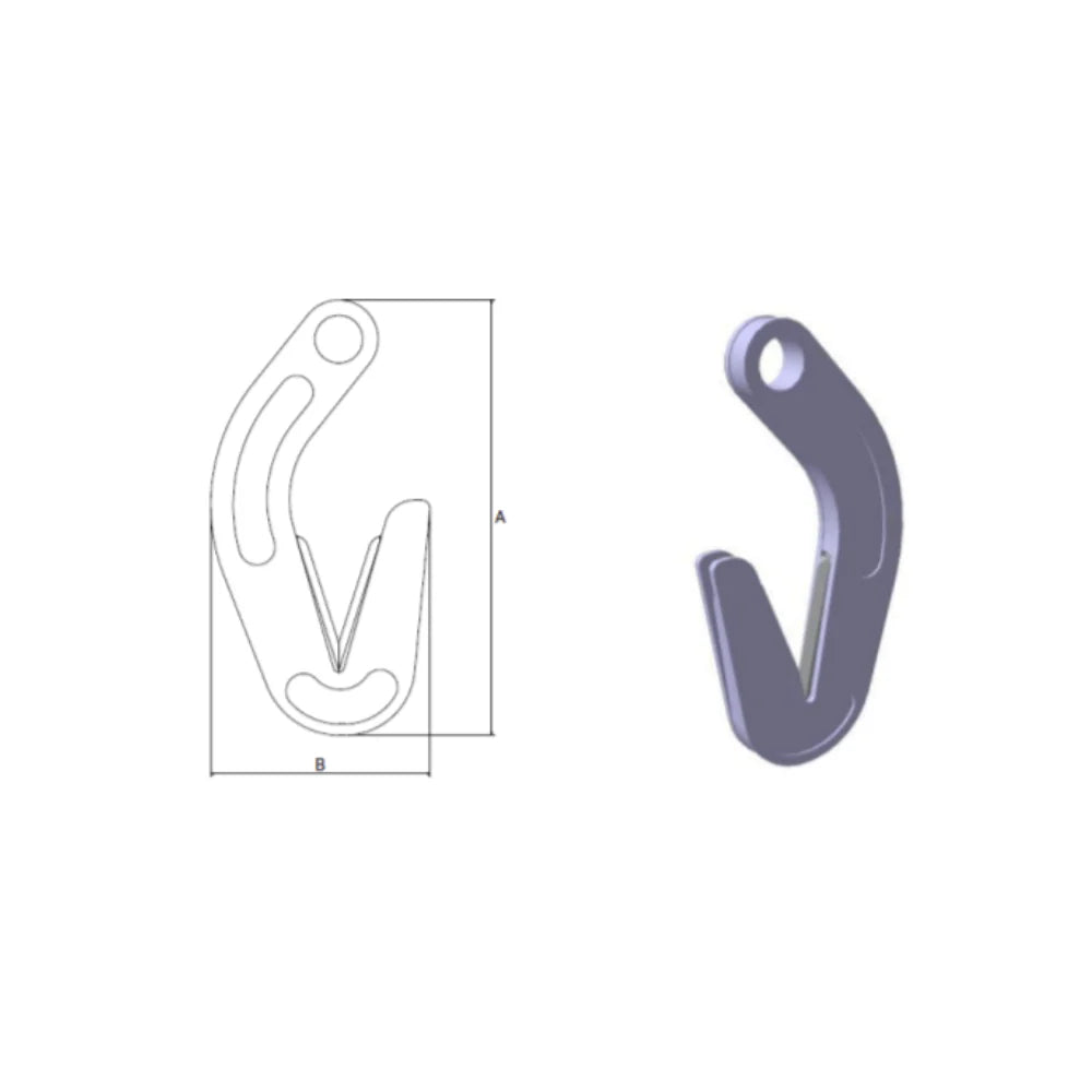 SG Cutting Hook med krogform, teknisk tegning til venstre, 3D-gengivelse til højre, mål "A" og "B".