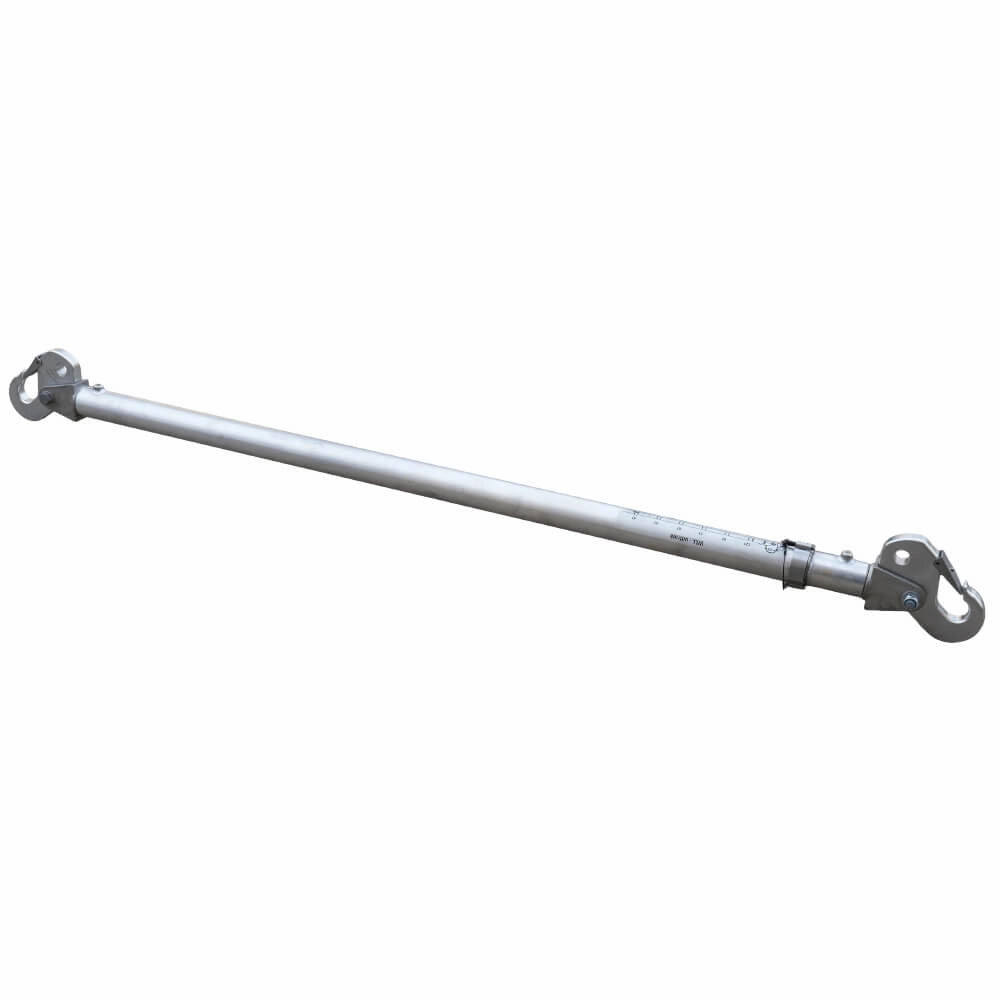 Justerbar aluminiumspreader med kroge, skala for længde og belastning fra 12T til 4T.