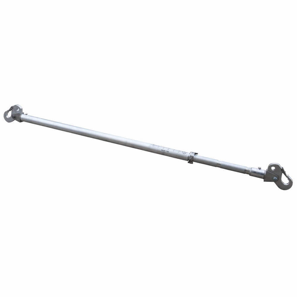 Justerbar aluminiumsspreader med kroge i enderne og kapacitetsmarkeringer fra 12T til 4T.