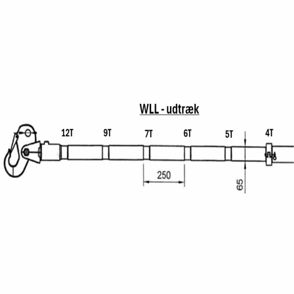 Justerbar alu-spreader med segmenter markeret 12T til 4T og mål for længdejustering.
