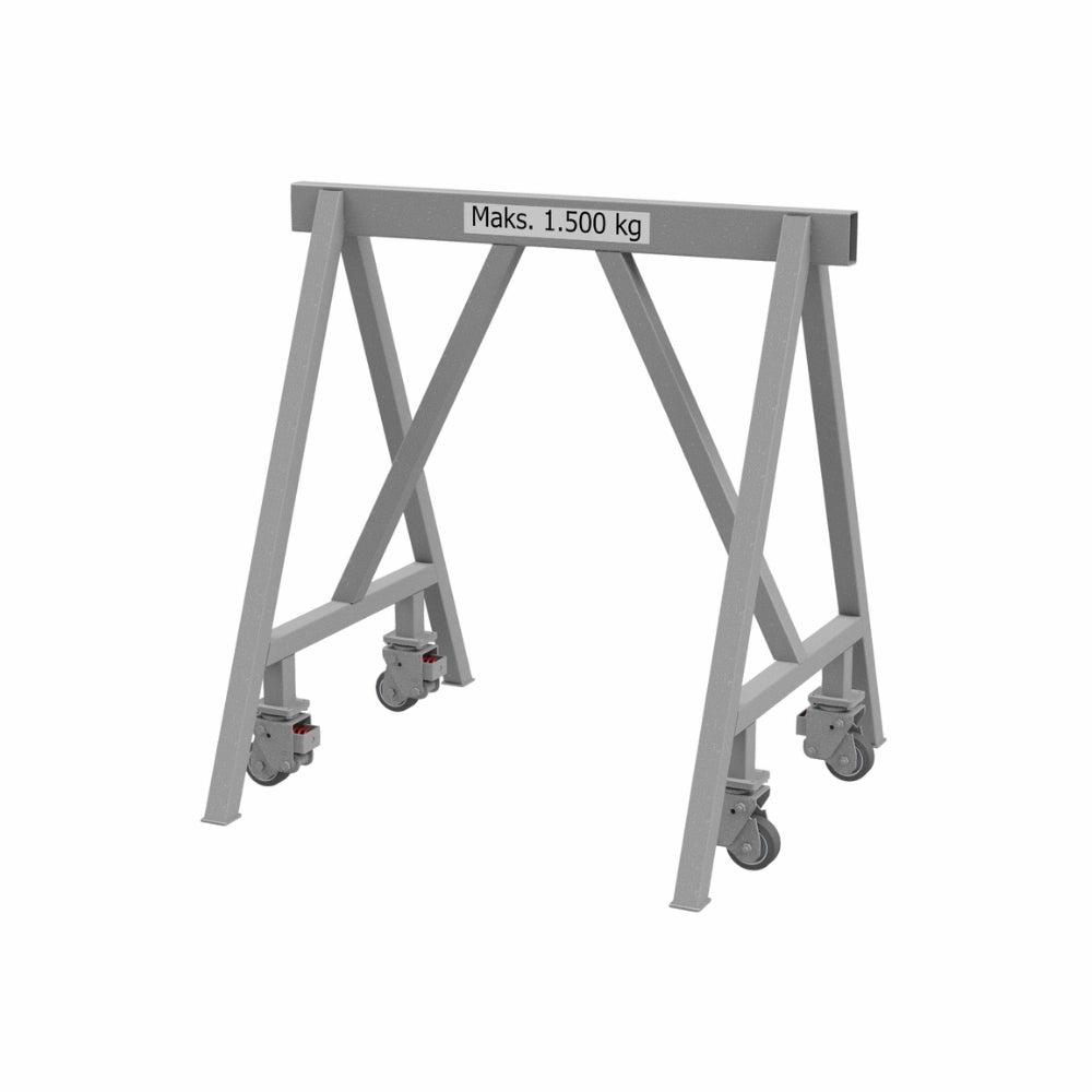 Arbejdsbuk med fire hjul og belastningskapacitet på 1.500 kg. Robust metalramme for mobilitet.