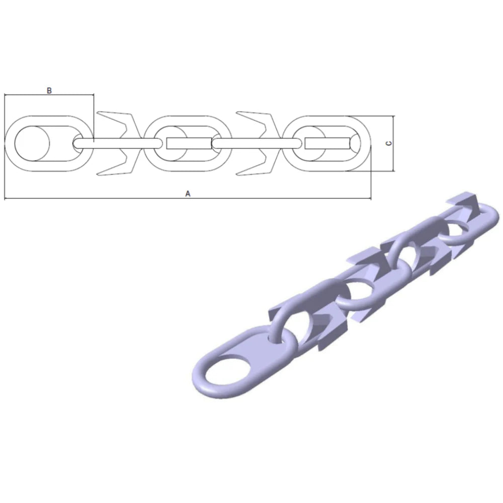3D-model og teknisk tegning af kæde med dimensioner A, B, C. Kæden har sammenkoblede led.