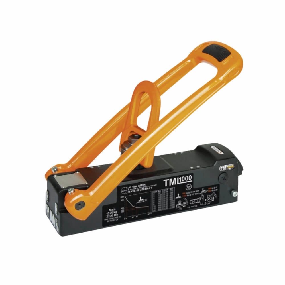 ALFRA løftemagnet TML-1000Kg med orange håndtag og produktetiketter på siden.