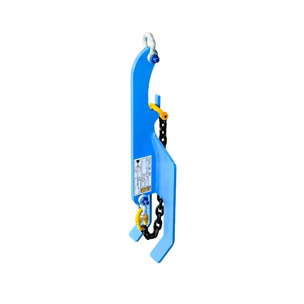 Blå ALUEX Lifter 1.0 T med sort kæde, krog øverst og mærkat med tekst og symboler.