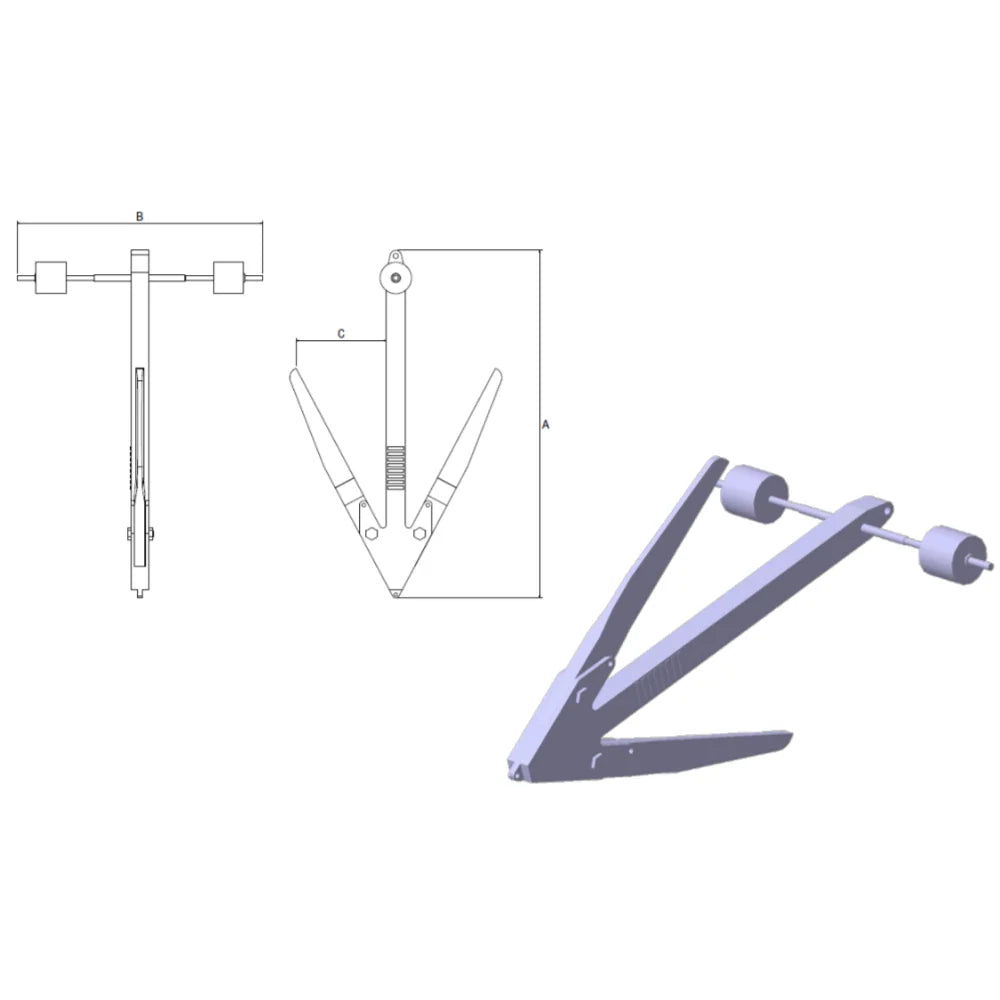 Detrencher Grapnel med teknisk tegning; dimensioner A, B, C. Grapnel-formet struktur.