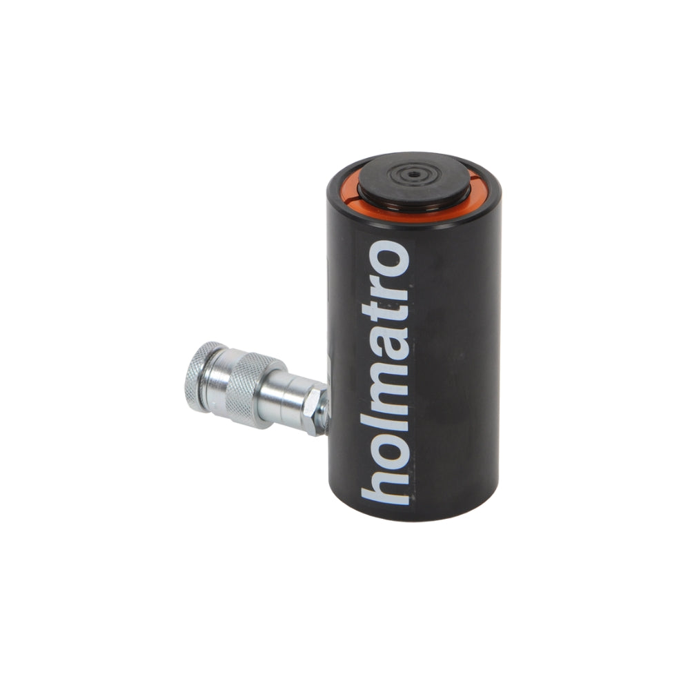 Kompakt, cylindrisk Holmatro donkraft med metalforbindelse og tydelig branding på siden.