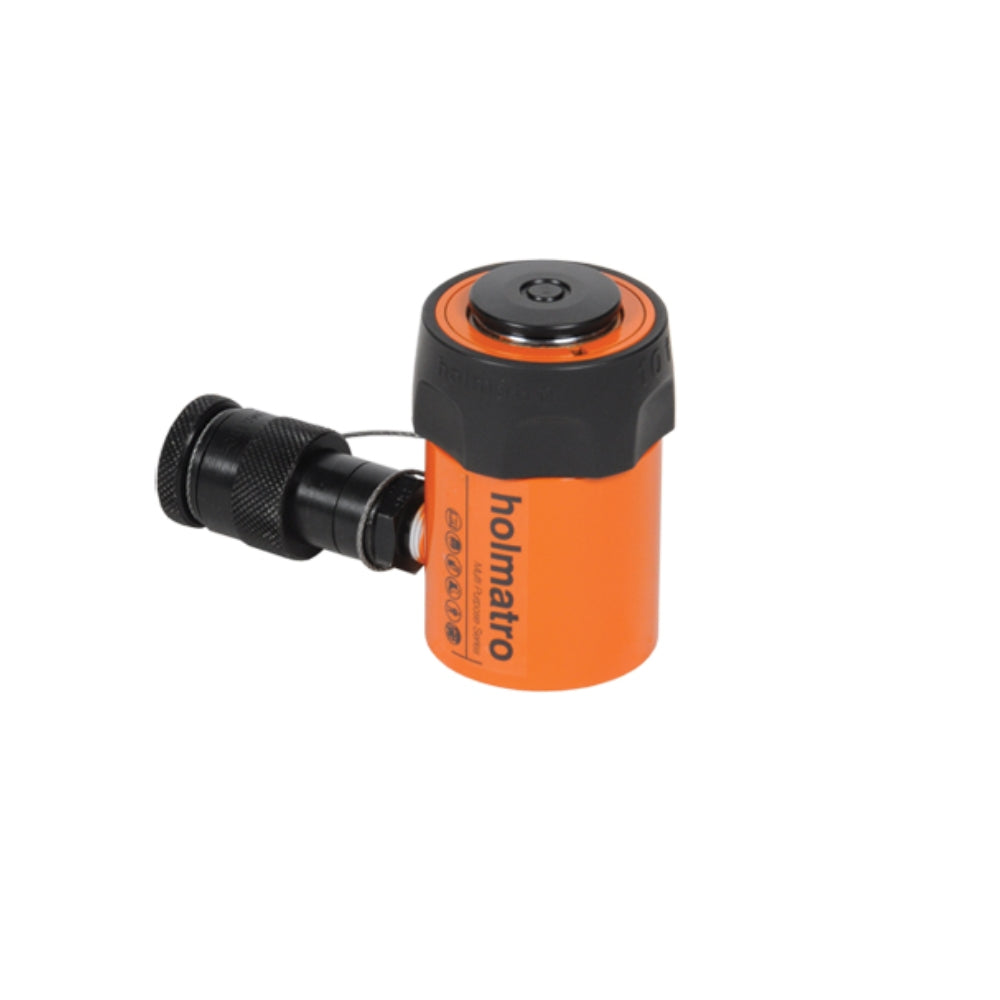 Orange Holmatro Cylinder med sorte accenter og slangeforbindelse på siden.