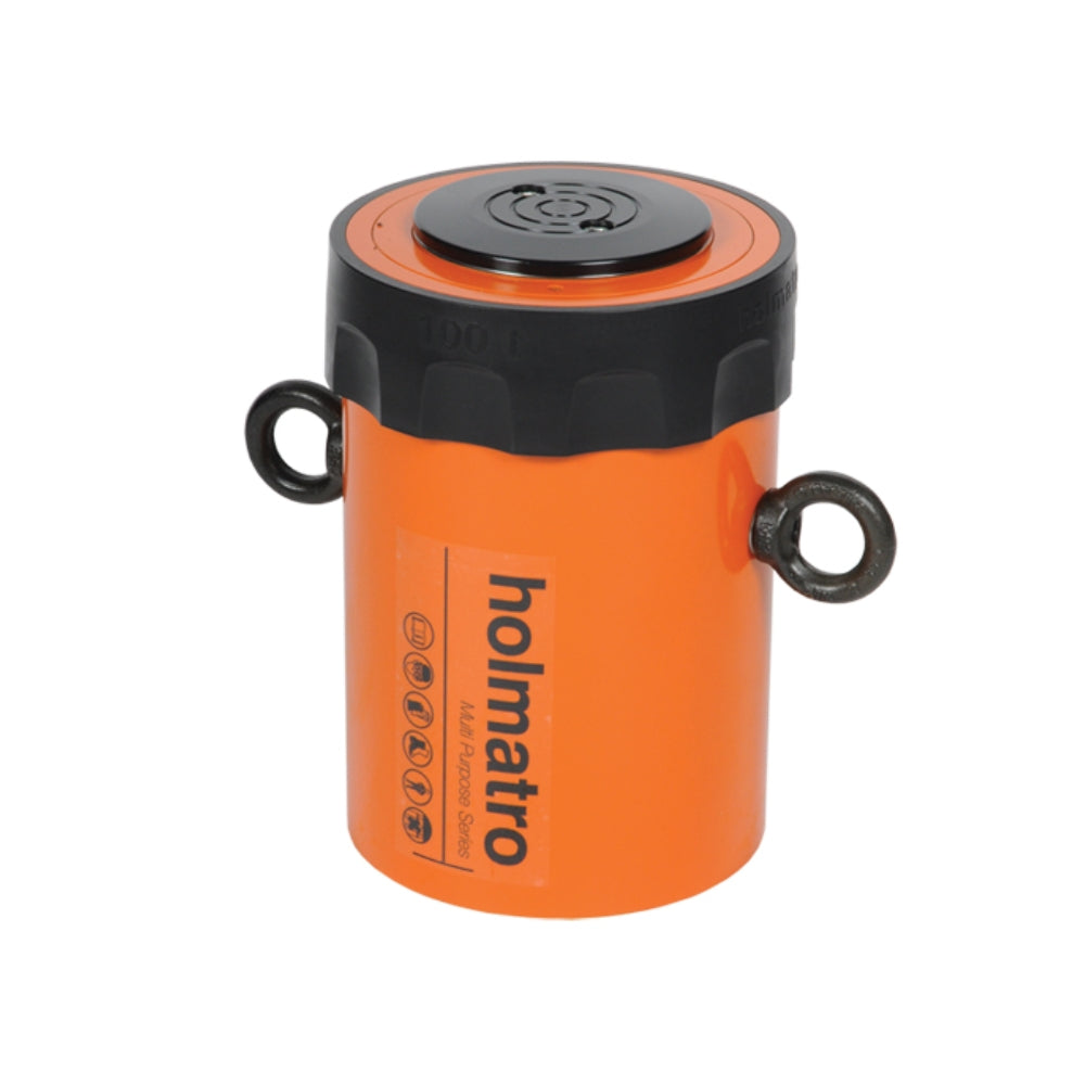 Holmatro cylinder med orange krop, sort top, logo og to metaløjer på siderne.