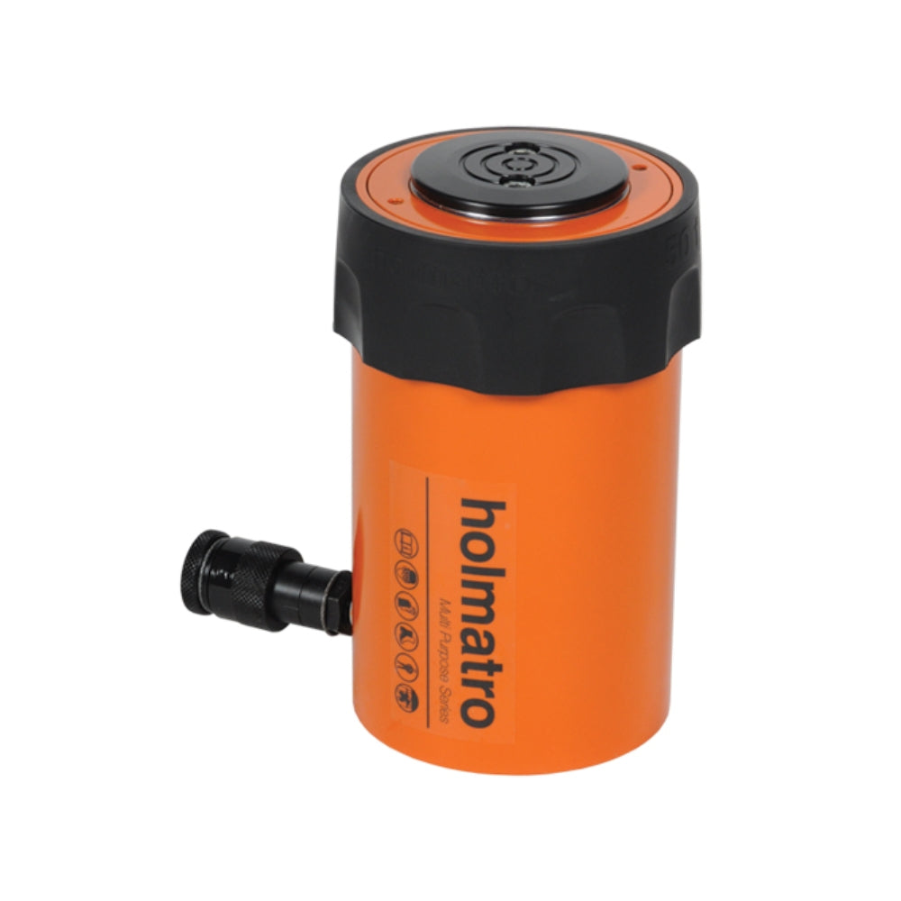 Orange Holmatro cylinder med sort top og hydraulisk forbindelse, tydelig branding på siden.