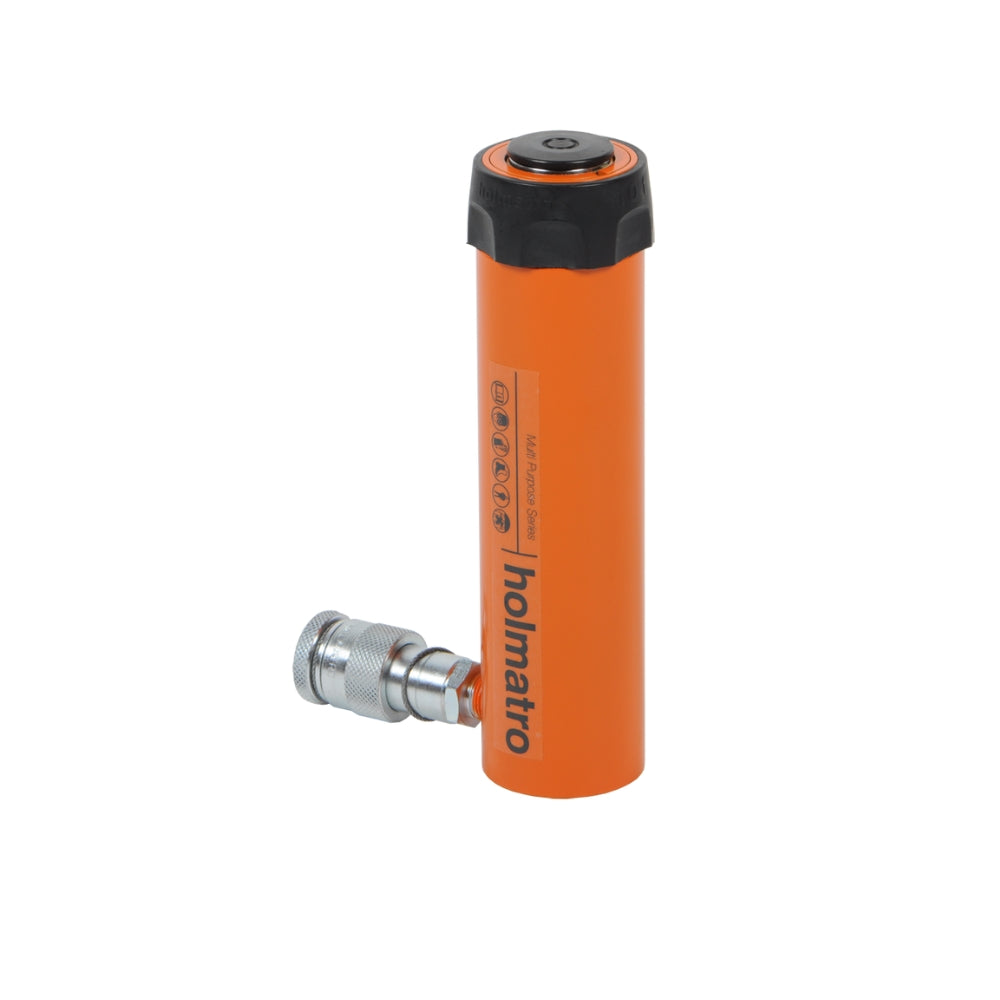Orange Holmatro hydraulisk cylinder med sort hætte og metalforbindelse på siden.