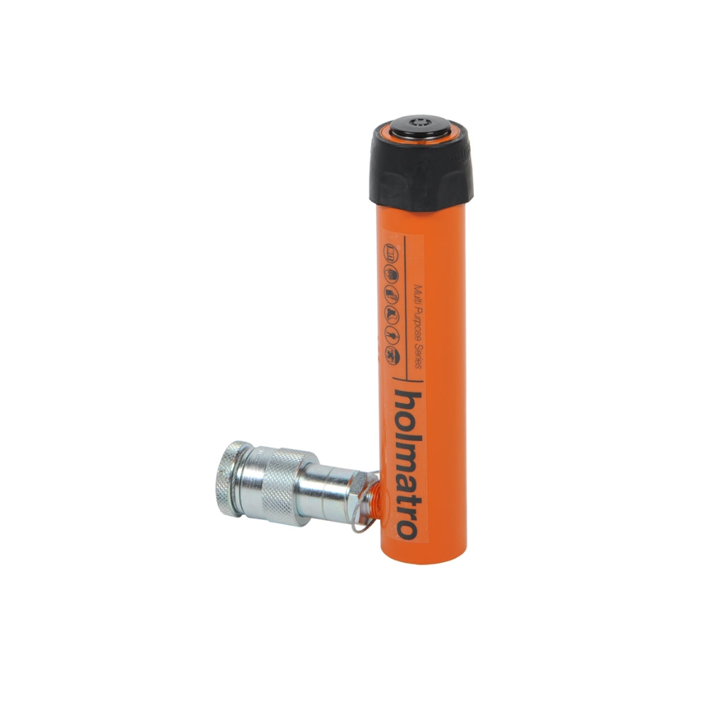 Orange cylinder med sort top, mærket "holmatro" og "Multi Purpose Series", med metalforbindelse.