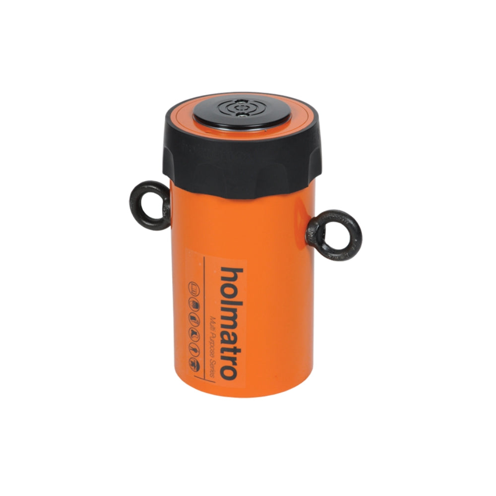 Orange Holmatro cylinder med sort top og logo, bruges til tunge løft i industrien.