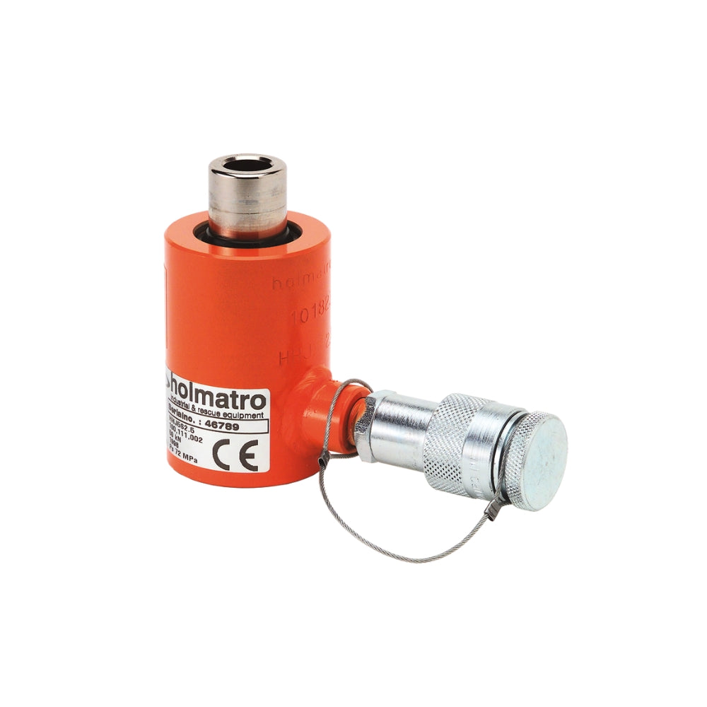 Kompakt orange hydraulisk donkraft med cylindrisk form, metalbeslag og CE-mærke.