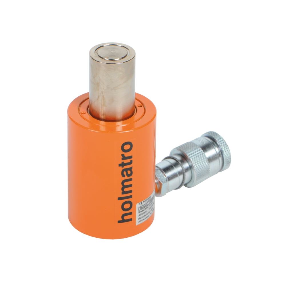 Orange Holmatro donkraft med metalstempel og sølvforbindelse, mærket holmatro på siden.