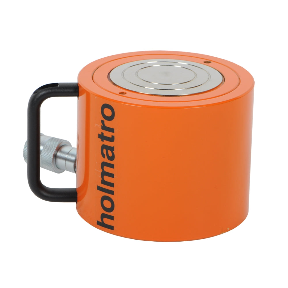Orange hydraulisk donkraft, sort håndtag, "holmatro" logo, top med koncentriske cirkler.