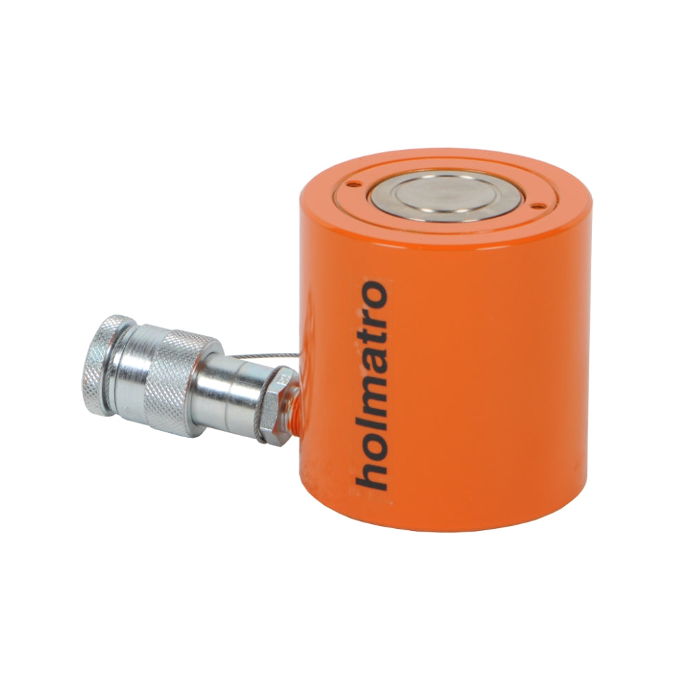 Orange, cylindrisk donkraft med "holmatro" logo og metalforbindelse til tunge løfteopgaver.