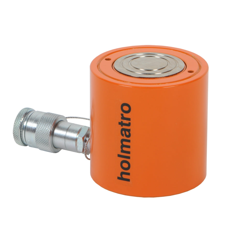 Orange cylindrisk donkraft med "holmatro", metaloverflade på toppen og hydraulisk forbindelse på siden.