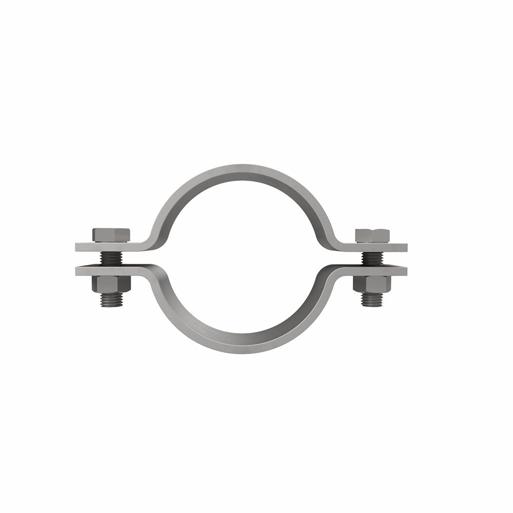 Cirkulært metalbeslag med to bolte til fastgørelse, viser dimensioner i teknisk tegning.