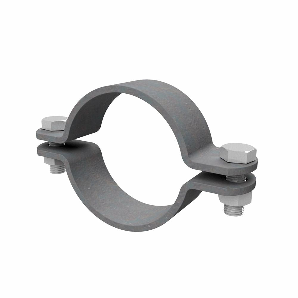 Rørklemme i metal med to bolte, rund form til at omslutte og fastgøre rør, robust design.