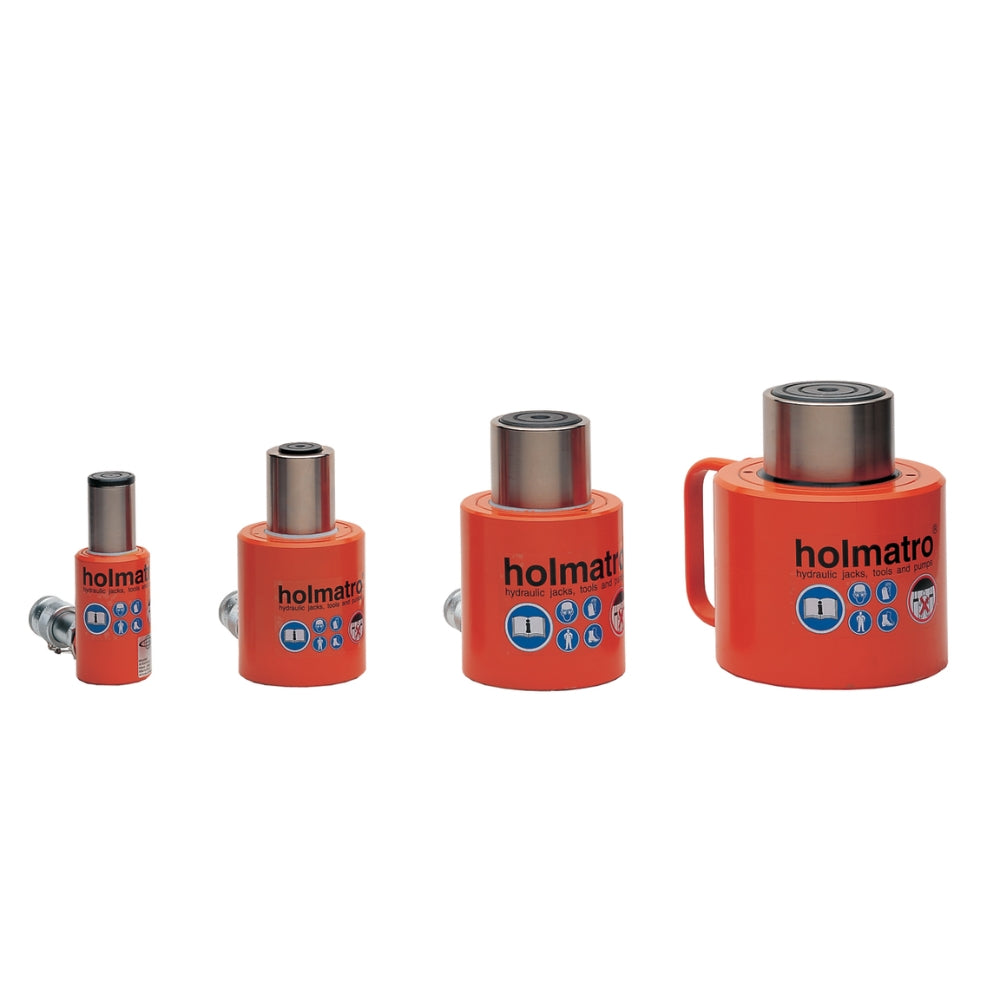Fire orange Holmatro donkrafte i forskellige størrelser med modelnummer og kapacitet angivet.
