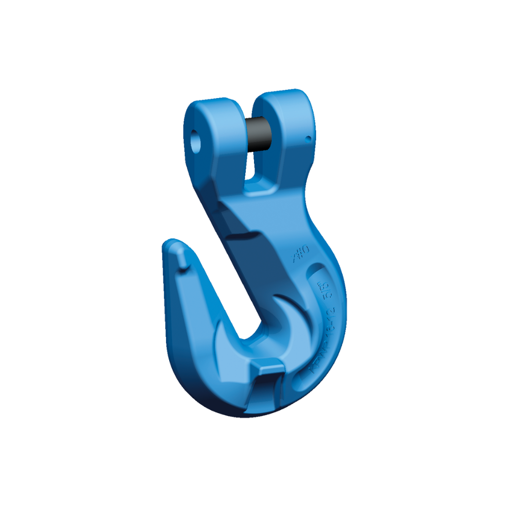 Blå clevis-krog med markeringer på overfladen, robust design.