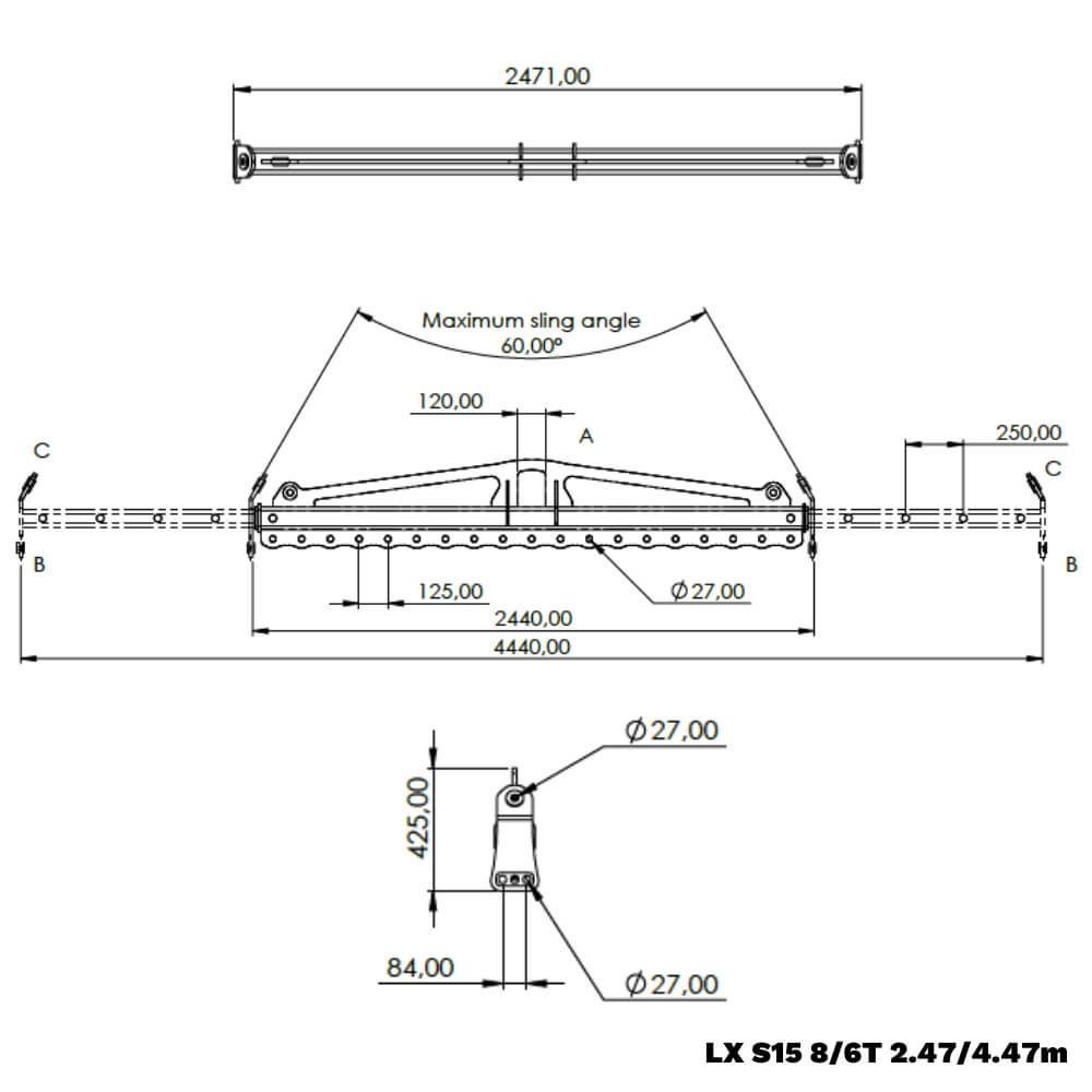 Tekniske tegninger af LX løfteåg S15 med dimensioner, slyngevinkel og forstærkningsstruktur.