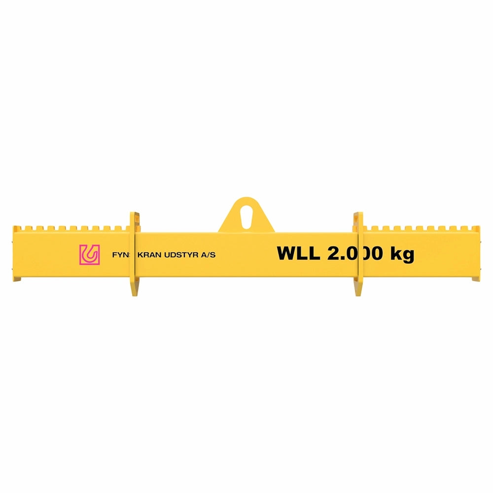 Gult løfteåg med "WLL 2.000 kg", "FYNS KRAN UDSTYR A/S", centralt øje, tandede ender.