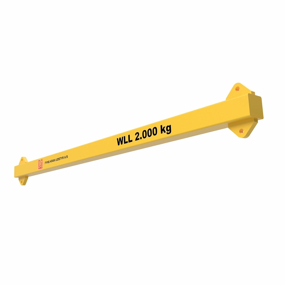 Gul løftebjælke med "WLL 2.000 kg" og "FYNS KRAN UDSTYR A/S" logo på siden.