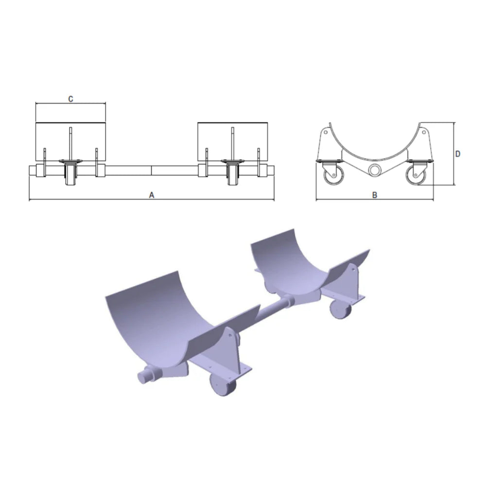 Repeater Trolley med 3D-model og tekniske tegninger, viser to hjul og målinger A, B, C, D.