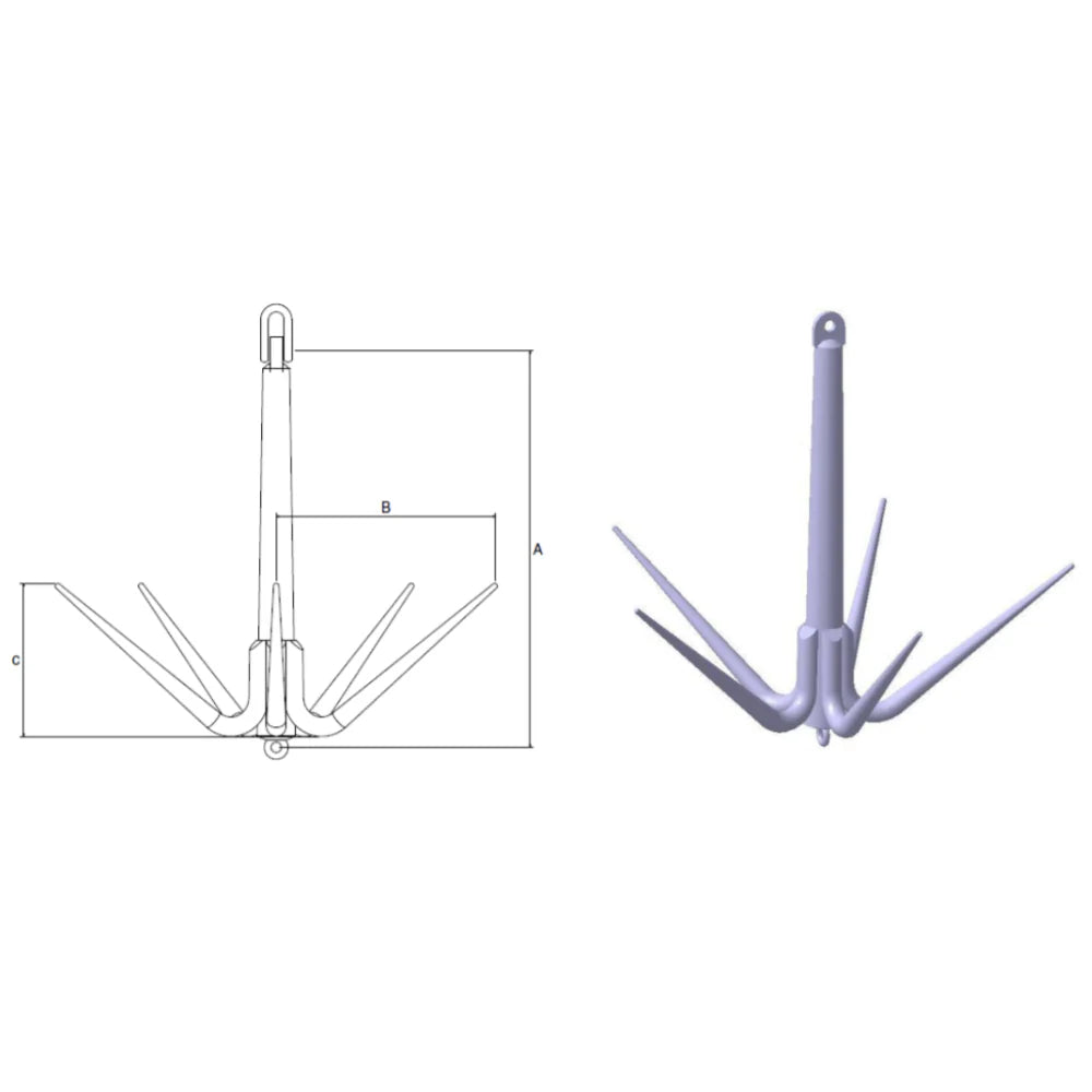 Sandpoint Grapnel 250kg med flere kroge og teknisk tegning med dimensioner A, B og C.