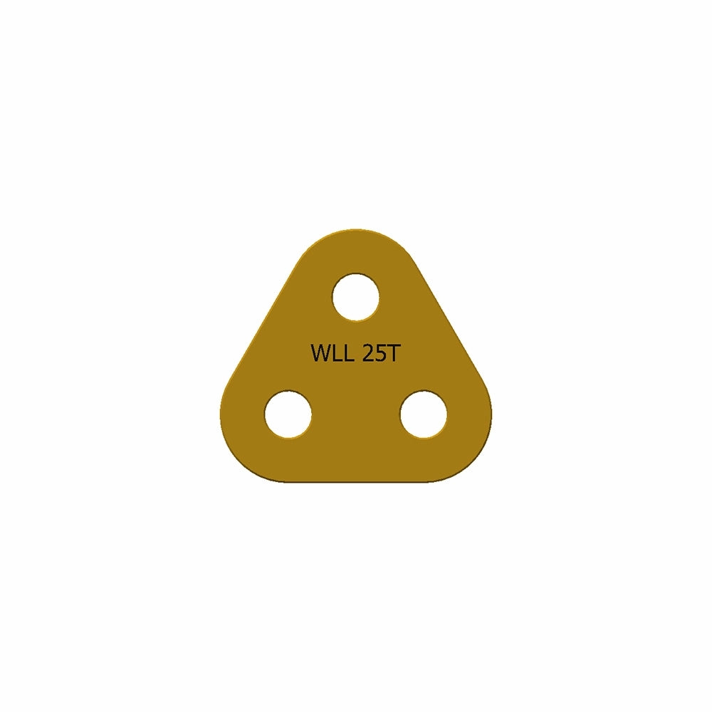 Trekantet metalplade med tre huller, brun/guld farve, teksten "WLL 25T".