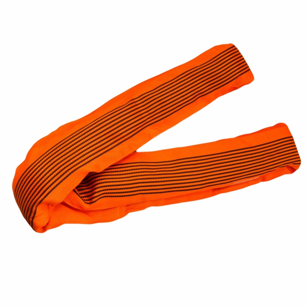 Orange rundsling med sorte striber langs længden, sømløs konstruktion.