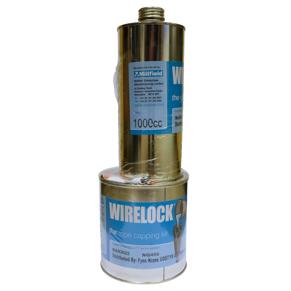 Wirelock-sæt med to stablede beholdere, labels viser produktinfo og kapacitet på 1000cc.
