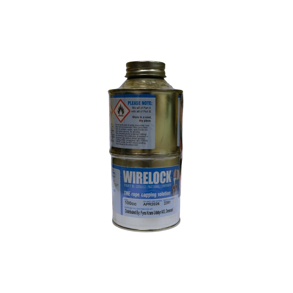 Metalbeholder med skruelåg, etiketteret "WIRELOCK." Indeholder advarsler og brugsanvisninger.