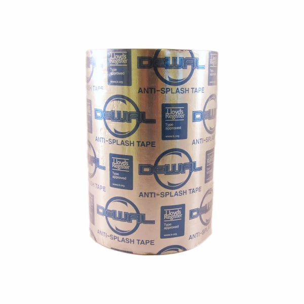Rulle tape med reflekterende overflade og teksten "DEWAL", "ANTI-SPLASH TAPE", "Lloyds Register".